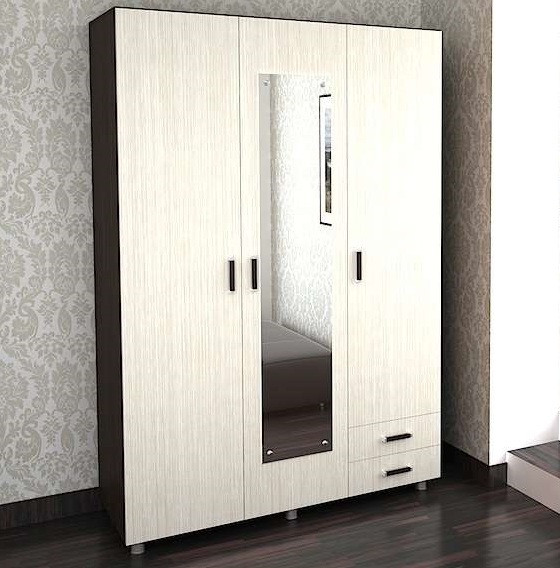 Шкаф 3-х Створчатый ШК-302-1 с Зеркалом (Д-1400 х В-2005 х Г-500 мм)/Разные Цвета