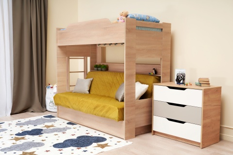 Двухъярусная кровать с диван-кроватью велюр желтый / дуб сонома